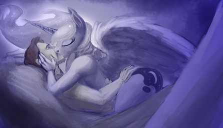 anthro anthrofied cutie_mark duo eyes_closed feathered_wings feathers female female_on_top hair horn human_on_anthro interspecies kissing male male/female male_on_bottom nude on_bottom on_top sex side_view straddling wings hattonslayden friendship_is_magic hasbro my_little_pony mythology princess_luna_(mlp) equid equine human mammal mythological_creature mythological_equine winged_unicorn digital_media_(artwork) digital_painting_(artwork) painting_(artwork) purple_theme restricted_palette