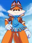 anthro bottomless brown_body brown_eyes brown_fur clothed clothing eyewear fangs female fur genitals gloves goggles half-closed_eyes handwear looking_at_viewer looking_down narrowed_eyes orange_body orange_fur pussy scarf solo teeth white_body white_fur lonbluewolf lucky's_tale_(series) playful_corp. lyra_swiftail canid canine fox mammal 2018 hi_res