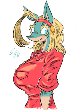 anthro big_breasts blonde_hair blue_body blue_eyes breasts clothed clothing ears_up electronics female fully_clothed hair head_tuft headphones looking_at_viewer red_clothing red_shirt red_topwear shirt solo topwear tuft worried worried_look yanisp5 my_hero_academia ippan_josei ambiguous_species canid canine fox mammal quirked_human_(my_hero_academia) flat_colors