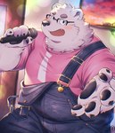 anthro black_nose blush clothing detailed_background electronics eyewear glasses humanoid_hands kemono male microphone outside overalls overweight overweight_male shirt solo topwear white_body hinami bear mammal polar_bear ursine 2023