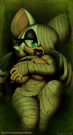 anthro bat_wings big_breasts big_ears black_eyeshadow black_lipstick black_nose black_wings breast_squish breasts covering covering_breasts eyeshadow fangs female fur green_eyes hand_on_breast lipstick looking_at_viewer low-angle_view lying makeup membrane_(anatomy) membranous_wings mummy_costume mummy_wrappings navel on_back one_eye_obstructed purple_wings solo squish tan_body tan_fur teeth thick_thighs white_body white_fur wide_hips wings wraps omegasunburst sega sonic_the_hedgehog_(series) rouge_the_bat bat mammal 2022 absurd_res hi_res
