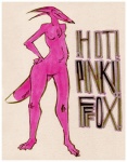 anthro biped black_nose border breasts canid canine chest_tuft english_text featureless_crotch feet female fluffy fluffy_tail fox fur glowing glowing_eyes hand_on_hip heavyteeth humanoid_pointy_ears long_ears mammal nipples nude paws pink_body pink_fur pink_nipples simple_background smile solo standing tail text tuft whiskers white_border yellow_eyes