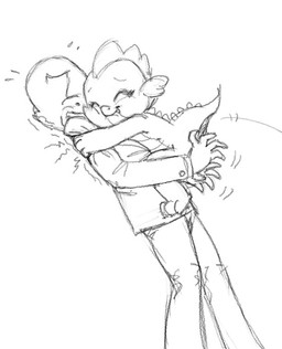 blush crossgender duo female hug male tail carniscorner friendship_is_magic hasbro my_little_pony mythology anon spike_(mlp) dragon human mammal mythological_creature mythological_scalie scalie monochrome
