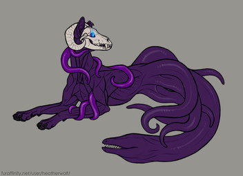 ambiguous_feral ambiguous_gender black_claws black_pawpads blue_eyes bone claws fangs feral glowing glowing_eyes grey_background pawpads purple_body purple_ears purple_inner_ear side_view simple_background skull skull_head solo tail tail_mouth teeth tentacles text unusual_anatomy unusual_tail heatherwolf canid canine hybrid mammal url