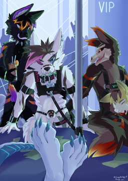 anthro dragon_paws group lock male male/male nightclub paws service_bottom tail sanynebeystoll mythology canid canine dragon fox mammal mythological_creature mythological_scalie scalie skulldog_(species) absurd_res hi_res