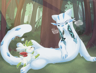 anal anal_penetration balls duo eyes_closed feral genitals larger_sub male male/male male_penetrating penetration size_difference submissive andyocelot nintendo pokemon shau_(andyocelot) chien-pao generation_4_pokemon generation_9_pokemon legendary_pokemon pokemon_(species) shaymin sky_forme_shaymin