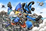 anthro arwing back_to_back beak blaster_pistol blue_body blue_feathers blue_fur clothed clothing corneria duo feathers fur great_fox green_eyes gun headgear macro male ranged_weapon red_eyes scouter smile spines weapon kicdon nintendo pokemon star_fox super_smash_bros. super_smash_bros._ultimate falco_lombardi avian bird canid canine generation_4_pokemon lucario mammal pokemon_(species) hi_res