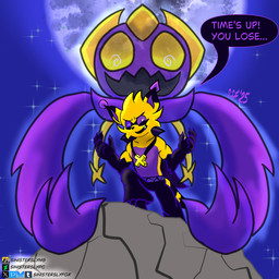 anthro black_bottomwear black_clothing black_ear_tips black_pants bottomwear cape clothed clothing dipstick_ears ear_markings exo_gohongo full_moon jewelry male male_anthro moon multicolored_ears necklace one_tooth pants purple_eyes shirtless shirtless_anthro shirtless_male spiral_pupils translucent translucent_body yellow_body sinisterslyfox ghost spirit 1:1 hi_res