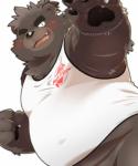 anthro blush brown_body brown_fur clothing fur male one_eye_closed overweight overweight_anthro overweight_male shirt simple_background solo topwear white_background wink hinami shiro_to_kuro american_black_bear bear black_bear mammal ursine 2018 5:6 hi_res