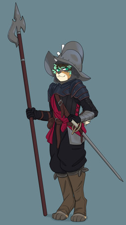 anthro antlers armor brown_body brown_fur clothing digitigrade fur gloves green_eyes halberd handwear headgear helmet holding_melee_weapon holding_object holding_polearm holding_weapon horn male melee_weapon morion_(helmet) pauldron polearm rapier simple_background smile solo standing sword tail weapon whiskers 6my acanthea jackalope lagomorph mammal 2024 absurd_res digital_media_(artwork) hi_res nonbinary_(lore)