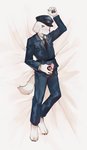 2020 anthro bedroom_eyes biped black_necktie black_nose black_pawpads blue_bottomwear blue_clothing blue_hat blue_headwear blue_pants blue_suit blush bottomwear canid canine canis censored clothed clothing dakimakura dakimakura_design domestic_dog dr.kiyo floppy_ears fur gag_manga_biyori genitals glans hat headgear headwear hi_res holding_penis kemono looking_at_viewer male mammal narrowed_eyes necktie pants pawpads penis pink_glans police police_hat police_uniform seductive shirt solo suit topwear uniform white_body white_clothing white_fur white_shirt white_topwear