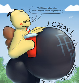ambiguous_gender anthro belly belly_expansion belly_inflation big_belly big_butt black_body bloated body_writing butt container creaking cup detailed_background drinking_straw expansion holding_container holding_cup holding_object huge_belly huge_butt huge_thighs hyper hyper_belly inflation outside rumbling_stomach solo standing stuffing tail talking_to_self text thick_thighs yellow_body 6saw789 nintendo pokemon generation_7_pokemon mimikyu pokemon_(species) 2024 absurd_res digital_drawing_(artwork) digital_media_(artwork) english_text hi_res shaded signature