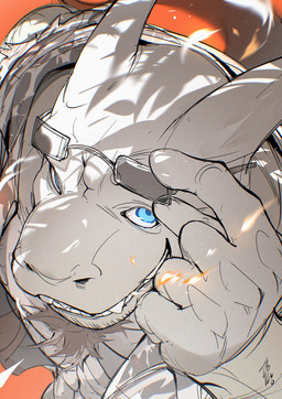 2_horns 5_fingers anthro blue_eyes chest_tuft clothed clothed_anthro clothed_male clothing eyewear fangs fingers glasses head_horn holding_eyewear holding_glasses holding_object horn light_body looking_at_viewer male open_clothing open_shirt open_topwear orange_background pupils rectangular_glasses ringed_iris shirt simple_background smile solo stubble tail teeth topwear tuft wearing_glasses white_sclera chiayeeee scalie 2025 digital_drawing_(artwork) digital_media_(artwork) hi_res signature