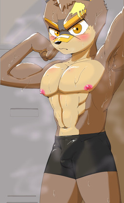 abs anthro armpit_hair biceps blush bodily_fluids body_hair bulge detailed_bulge flexing genital_outline male muscular muscular_male musk pecs penis_outline solo sweat sakai_(artist) taisei_yotsukado canid canine canis mammal wolf hi_res