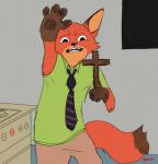 akella anthro bottomwear brown_body brown_fur canid canine clothed clothing cross dipstick_ears dipstick_tail disney ear_markings fox fully_clothed fur holding_cross holding_object inside lol_comments looking_at_viewer male mammal markings meme multicolored_ears multicolored_tail necktie nick_wilde orange_body orange_fur pants pawpads reaction_image red_fox shirt solo tail tail_markings teeth topwear true_fox zootopia