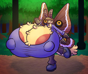 4_arms antennae_(anatomy) anthro areola areola_slip arthropod_abdomen big_breasts blouse bottomwear breasts brown_hair cleavage clothed clothing eyes_closed female fluffy fluffy_breasts footwear forest fur hair huge_breasts hyper hyper_breasts insect_wings lepidopteran_wings multi_arm multi_limb night nipple_outline on_one_leg outside pants plant shoes solo standing tan_body tan_fur topwear tree wings sprucy arthropod insect lepidopteran moth hi_res