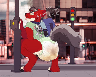 ageplay anthro backpack black_hair black_tail bodily_fluids bulging_diaper clothed clothing crouching diaper diaper_bulge electronics fart feces fur genital_fluids green_clothing green_eyes green_shirt green_topwear hair headphones hypnosis hypnotic_eyes infantilism male mind_control multicolored_body multicolored_fur open_mouth outside pantsless pooping public_pooping push pushing red_body red_fur roleplay shirt soiled_diaper soiling soiling_diaper solo squatting_pose street tail text tongue tongue_out topwear trance two_tone_body two_tone_fur unclean_diaper urine used_diaper using_diaper wet_diaper white_body white_fur flax_(artist) ice_(paddedwulfy) canid canine canis mammal wolf alternate_version_at_source english_text