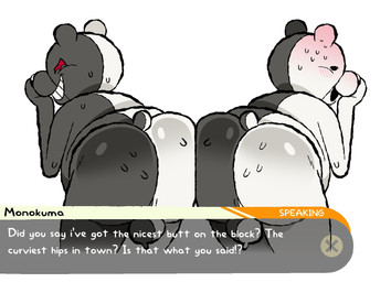 >:3 >:3c anthro balls bodily_fluids butt butt_focus dialogue dialogue_box evil_grin genitals male male/male name_in_dialogue slightly_chubby smile sweat sweating_profusely sweaty_butt butternutworm danganronpa spike_chunsoft monokuma bear mammal hi_res