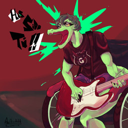 anthro black_clothing black_shirt black_topwear bottomwear clothed clothed_anthro clothed_female clothing disability electric_guitar female fingers front_view green_body green_hair grey_eyes guitar hair humanoid_hands musical_instrument open_mouth paraplegic playing_guitar playing_music plucked_string_instrument purple_bottomwear purple_clothing purple_shorts red_background sharp_teeth shirt short_hair shorts simple_background singing sitting solo string_instrument teeth text topwear vehicle wheelchair yelling yellow_sclera anfitrionaaa cavemanon_studios i_wani_hug_that_gator olivia_halford baryonyx dinosaur prehistoric_species reptile saurischian scalie spinosaurid theropod 1:1 absurd_res artist_name colored hi_res shaded
