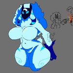 anthro apple_cat_(artist) big_breasts big_hair blue_body blue_eyes blue_fur blue_hair bovid breasts caprine dipstick_ears dipstick_limbs ear_markings featureless_breasts featureless_crotch female floppy_ears fur grey_background hair hi_res huge_breasts kindred_(lol) league_of_legends lop_ears mammal mask multicolored_ears navel riot_games sheep simple_background slightly_chubby solo tencent thick_thighs wide_hips
