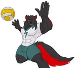 abs anthro ball biceps black_body black_fur black_hair black_tail bottomwear clothing fur hair long_hair male markings muscular muscular_thighs red_ears red_eyes red_markings red_tail shorts solo sport tail volleyball volleyball_(ball) kheel haikyuu!! alexzandr_sokolov canid canine canis mammal wolf