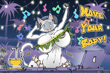 anthro beverage big_breasts breasts computer drinking_straw duo electronics female glass_jar grass_skirt headphones huge_breasts juice_(beverage) laptop musical_note musical_symbol nipples scissors symbol hayakain kitty_(hayakain) naari_(hayakain) domestic_cat felid feline felis mammal