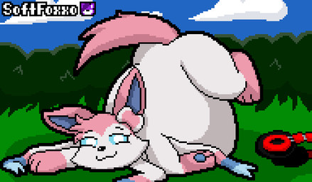 abdominal_bulge ambiguous_gender ambiguous_pred ambiguous_prey belly big_belly blinking blue_inner_ear blue_pawpads blue_sclera bow_(anatomy) burping butt cheek_tuft cloud day electronics eyebrows eyes_closed facial_tuft feral feral_pred fur grass head_tuft headphones leg_markings legs_up logo looking_at_viewer markings oral_vore outside pawpads pink_body pink_fur plant raised_eyebrows ribbons_(anatomy) shrub sky smile socks_(marking) solo sound_effects struggling struggling_prey tail tail_motion tailwag text tuft unseen_prey vore white_body white_eyes white_fur softfoxxo nintendo pokemon eeveelution generation_6_pokemon pokemon_(species) sylveon 2d_animation animated artist_logo artist_name digital_media_(artwork) pixel_(artwork) pixel_animation