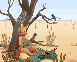 5_fingers ambiguous_gender anthro cloud day desert detailed_background duo ear_piercing ear_ring feet feral fingers fur holding_musical_instrument holding_object inner_ear_fluff lute mandolin musical_instrument nude outside piercing plant playing_music plucked_string_instrument ring_piercing sky smile solo_focus string_instrument toes tree tuft foufi avian bird canid canine fox mammal 2020 digital_media_(artwork) shaded signature