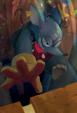 anthro chibi clothing detailed_background gloves grin handwear hole_(anatomy) male sharp_teeth smile solo teeth akaze211 mad_rat_dead nippon_ichi_software mad_rat_(mad_rat_dead) mammal murid murine rat rodent 2020 hi_res