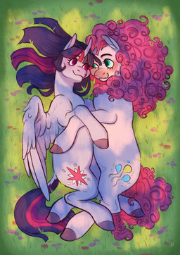 blush curly_hair duo female feral flower grass hair hooves horn plant smile smiling_at_another wings emilyfendtart friendship_is_magic hasbro my_little_pony mythology pinkie_pie_(mlp) twilight_sparkle_(mlp) earth_pony equid equine horse mammal mythological_creature mythological_equine pony winged_unicorn hi_res