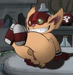 anthro anus balls butt clothing eyewear footwear fur genitals gloves goggles handwear legs_up male mostly_nude presenting shoes solo spread_anus spread_butt spreading teeth jerseydevil league_of_legends riot_games tencent ziggs_(lol) mammal yordle 2013 hi_res