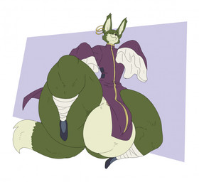 anthro balls big_balls big_butt big_penis bulge butt clothed clothing ear_piercing ear_ring eyes_closed femboy fur genitals green_body green_fur huge_balls huge_butt huge_penis huge_thighs hyper hyper_balls hyper_butt hyper_genitalia hyper_thighs male penis piercing ring_piercing robe smile solo tail thick_thighs wide_hips reagan700 dragon_ball dragon_ball_super majora_(dragon_ball) canid canine fox mammal 2025 hi_res