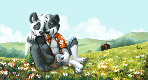 anthro arm_around_shoulders black_body black_fur black_nose blue_sky closed_smile clothed clothing day duo eyes_closed floppy_ears flower fur happy logo male mouth_closed open_clothing open_mouth open_smile open_topwear outside plant red_clothing red_topwear sitting sky smile topless topwear white_body white_flower white_fur young young_anthro young_male pandapaco roni_(imroni) bear border_collie canid canine canis collie domestic_dog giant_panda herding_dog mammal pastoral_dog sheepdog artist_logo signature