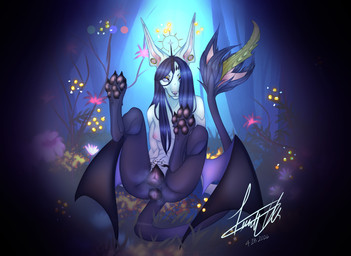 1_horn animal_genitalia animal_penis animal_vulva anthro anus athletic athletic_female barefoot biped bodily_fluids branch breasts butt canine_genitalia canine_vulva claws detailed_background digitigrade ear_piercing ear_ring erection feet female flower foot_fetish foot_focus forest fur genitals gleaming_eyes gold_(metal) gold_tooth grass hair halo heart_eyes heart_symbol horn lips long_hair looking_at_viewer low_wings makeup multicolored_body musk musky_anus musky_vulva mystical navel nipples nude on_grass on_ground open_tail pawpads paws penis piercing pink_nose plant plump_labia pose presenting presenting_anus presenting_vulva puffy_anus purple_hair ribbed_penis ring_piercing sitting smile solo sweat sweaty_genitalia tail tail_genitals tail_penis teeth text toe_claws toes tree two_tone_body unusual_anatomy unusual_genitalia_placement unusual_penis_placement unusual_tail vulva white_body white_fur wings womb_tattoo nelly's_illustrations mythology nameless_character angel arthropod bat beetle canid canine canis demon elateroid firefly insect jackal mammal mythological_creature succubus absurd_res digital_media_(artwork) hi_res pinup