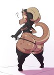 anthro big_butt brown_body butt clothing female gloves handwear hood horn huge_butt huge_hips huge_thighs hyper hyper_butt hyper_hips hyper_thighs legwear open_mouth question_mark solo thick_thighs thigh_highs thong underwear wide_hips kingofacesx piko_(simplifypm) kobold scalie hi_res