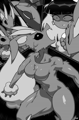 anthro biped black_hair bodily_fluids breasts featureless_breasts female female_anthro femboy feral group hair male male_feral male_humanoid navel nude nude_anthro nude_female standing sweat sweatdrop text cuchuflin nintendo pokemon andre_(cuchuflin) animal_humanoid arachnid arachnid_humanoid arthropod arthropod_humanoid generation_4_pokemon generation_5_pokemon humanoid lopunny pokemon_(species) scolipede 2026 absurd_res comic english_text hi_res monochrome