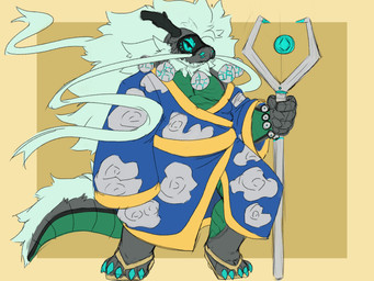 anthro beard blue_clothing blue_eyes blue_robe claws clothing facial_hair footwear green_body hair jewelry long_hair long_mane machine male mane mature_male necklace orb plantigrade pupils robe sandals shoes simple_background slit_pupils solo staff tail tail_mane toe_claws karmakitsune oneiros_(komuros) robot robot_anthro synth_(vader-san) 2024 4:3 digital_drawing_(artwork) digital_media_(artwork) flat_colors hi_res