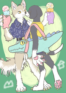 anthro belt black_body black_fur bottomwear claws clothed clothing dessert duo eyes_closed feet female floppy_ears food fur green_background holding_object ice_cream ice_cream_cone leg_markings markings pattern_clothing pattern_topwear pawpads paws pink_pawpads shirt shorts simple_background smile tail toe_claws topwear white_body white_fur yellow_eyes kyokyota canid canine canis domestic_dog mammal 2019 absurd_res digital_media_(artwork) hi_res