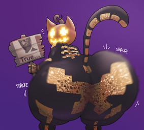 anthro big_butt black_bodysuit black_clothing black_skinsuit black_tail bodysuit butt clothing empty_eyes female for_a_head glowing glowing_eyes glowing_mouth green_hair hair holding_object holding_sign huge_butt huge_thighs hyper hyper_butt looking_at_viewer looking_back looking_back_at_viewer motion_blur motion_lines open_mouth open_smile orange_ears orange_head purple_background rear_view shaking_butt sign simple_background skeleton_costume skinsuit smile smiling_at_viewer solo tail thick_thighs tight_clothing yellow_eyes yellow_mouth crowundeadcat epic_games fortnite spice_(fortnite) domestic_cat felid feline felis mammal object_head 2026 colored digital_media_(artwork) hi_res shaded