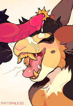 anthro balls black_balls bodily_fluids cum cum_on_face duo eyes_closed faceless_character fangs femboy genital_fluids genital_piercing genitals knot knotted_penis male male/male penis penis_on_head penis_piercing piercing red_text simple_background teeth text tongue white_background year yellow_teeth phytophile canid canine hare hyena lagomorph leporid mammal rabbit artist_name hi_res