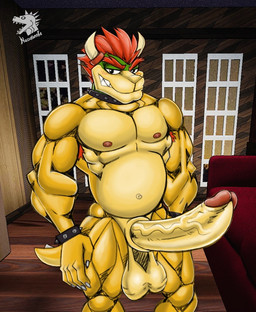 anthro balls big_balls big_penis blush collar erection eyebrows furniture genitals glans hair horn huge_penis male muscular muscular_male nipples overweight overweight_male penis red_hair smile smiling_at_viewer sofa solo vein veiny_penis window yellow_body nazuranoke mario_bros nintendo bowser koopa scalie watermark