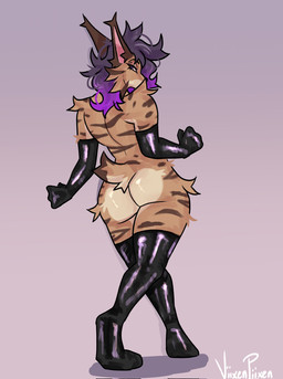 anthro arm_tuft big_butt brown_body brown_stripes butt cheek_tuft clothing crossed_legs ears_up eyebrows eyelashes facial_tuft fist gloves hair handwear hip_tuft latex latex_clothing latex_gloves latex_handwear latex_legwear latex_stockings leg_tuft legwear long_hair looking_at_viewer looking_back looking_back_at_viewer male messy_hair multicolored_body multicolored_hair nude pink_inner_ear pose purple_eyes purple_hair raised_arms shadow shoulder_tuft solo standing stockings stripes tail tan_butt thick_thighs thigh_tuft tuft walking viixenpiixen drex_the_lynx felid feline iberian_lynx lynx mammal 2026 digital_drawing_(artwork) digital_media_(artwork) hi_res line_art pinup shaded signature simple_shading