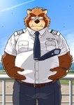 anthro belly blush bodily_fluids bottomwear brown_body brown_fur clothing eyewear fur glasses humanoid_hands kemono male necktie overweight overweight_anthro overweight_male pants shirt solo sweat topwear ryuta-h canid canine mammal raccoon_dog tanuki 2021 hi_res