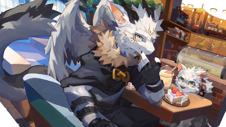 2_horns 5_fingers amber_eyes ambiguous_gender anthro arm_strap beverage black_body black_claws black_clothing black_coat black_fingerless_gloves black_fur black_gloves black_handwear black_tail black_topwear brown_markings cafe cake cake_slice chair claws clothed clothed_anthro clothed_male clothing coat collar dessert detailed_background drinking_straw duo eye_markings facial_markings feathered_wings feathers feral finger_claws fingerless_gloves fingers food forehead_markings fur fur_coat furniture gloves green_eyes grey_tail handwear head_horn head_markings horn looking_at_another looking_at_viewer male markings milkshake on_chair pupils red_collar slit_pupils spiked_collar spikes table tail topwear white_body white_fur white_sclera white_wings wine_bottle wings gundanw mythology milloneville_(character) domestic_cat dragon feathered_dragon feathered_scalie felid feline felis furred_dragon furred_scalie mammal mythological_creature mythological_scalie scalie 16:9 2022 digital_drawing_(artwork) digital_media_(artwork) hi_res widescreen