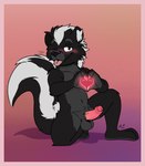 anthro balls black_body black_fur blep blush erection fluffy fluffy_tail foreskin fur genitals heart_symbol humanoid_genitalia humanoid_penis male nude penis simple_background smile solo tail tongue tongue_out white_body white_fur yellowluster korin_(sirhades123) mammal mephitid skunk 2022 digital_media_(artwork) hi_res