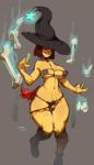 2017 absurd_res anthro big_breasts bikini breasts brown_hair canid canine choker clothed clothing female hair hair_over_eyes hat headgear headwear hi_res jewelry maiz-ken mammal necklace sam_kensington solo swimwear under_boob witch_hat yellow_body yellow_skin