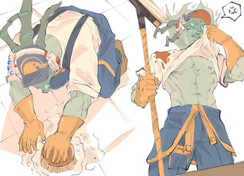 cleaning clothing electronics gloves handwear hat headgear headphones headwear latex latex_clothing latex_gloves latex_handwear male muscular muscular_male nipples not_furry shirt solo standing topwear 25teibewa thresh digital_drawing_(artwork) digital_media_(artwork) hi_res