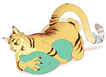 accessory anthro bodily_fluids bow_ribbon brown_body brown_fur brown_stripes eyes_closed fur furgonomics grinding looking_pleasured lying male masturbation nude on_front open_mouth pawpads pillow pillow_humping pink_pawpads ribbons simple_background solo striped_arms striped_back striped_body striped_fur striped_legs stripes sweat tail tail_accessory tail_bow tail_ribbon three-quarter_view white_background yellow_body yellow_fur seraphictiger domestic_cat felid feline felis mammal full-length_portrait portrait signature