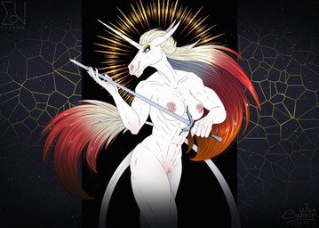 abs alacorna angry anthro areola biped breasts clitoral_hood equis_universe exclusive fangs female female_anthro genitals hair horn humanoid_genitalia humanoid_vulva long_ears long_hair long_tail makeup melee_weapon muscular muscular_anthro muscular_female nipples nude smile solo sword tail teeth vulva weapon sunny_way mythology kelesta equid equine mammal mythological_creature mythological_equine unicorn hi_res