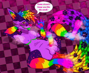 alternative_fashion anthro armpit_hair biped blush body_hair checkered checkered_background describing_smell dialogue exaggerated_mastectomy_scar eyebrow_slit eyebrows fur genitals gloves_(marking) hair hand_behind_head humanoid_genitalia humanoid_penis inviting leg_markings lying male markings mastectomy_scar multicolored_body multicolored_fur multicolored_hair multicolored_penis multicolored_tail multiple_piercings musk musky_armpit musky_penis nude pattern_background penis piercing rainbow_hair rainbow_penis rainbow_tail scar scene_(fashion) scene_haircut simple_background socks_(marking) solo sparklefur speech_bubble spread_legs spreading tail text three-quarter_view visibly_trans conditional_dnp radiancemutt radiance_(radiancemutt) canid canine mammal 2026 alternate_version_at_paywall digital_media_(artwork) english_text hi_res shaded trans_(lore) trans_man_(lore)